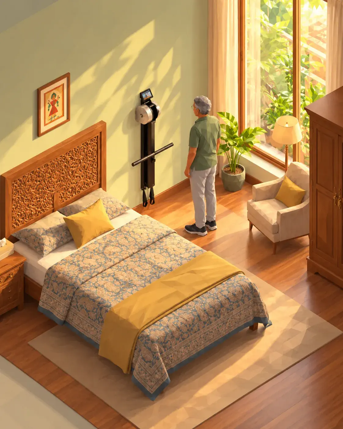 A bedroom with the slim Ferra strength machine folded flat against the wall beside the bed, with an older man standing next to it