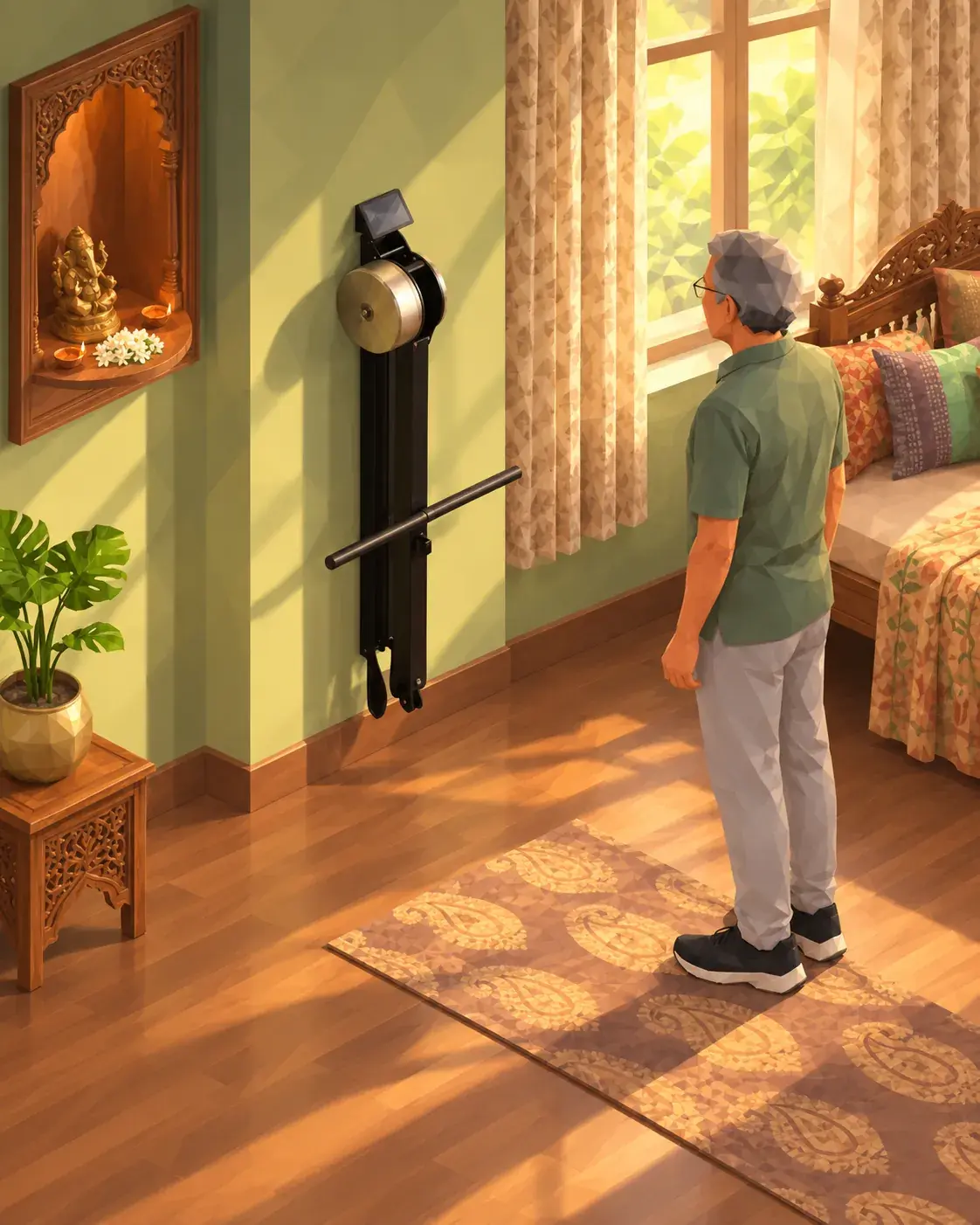 Older man standing in his bedroom beside a slim wall-mounted Ferra strength machine folded flat against the wall
