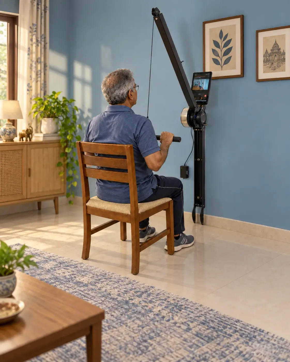 Older man doing a seated row from a wooden chair, with the Ferra machine's arm swung up from the wall unit in his living room