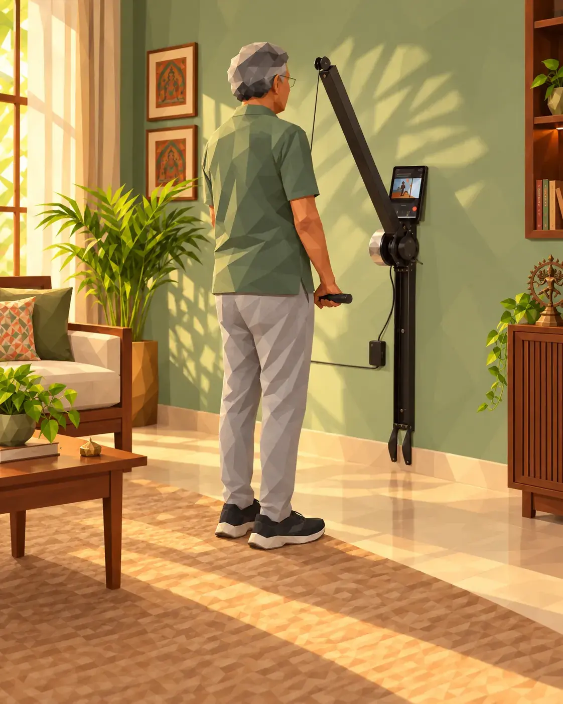 Older man pulling the handle down on a Ferra strength machine, its arm swung up from the wall unit, in his living room
