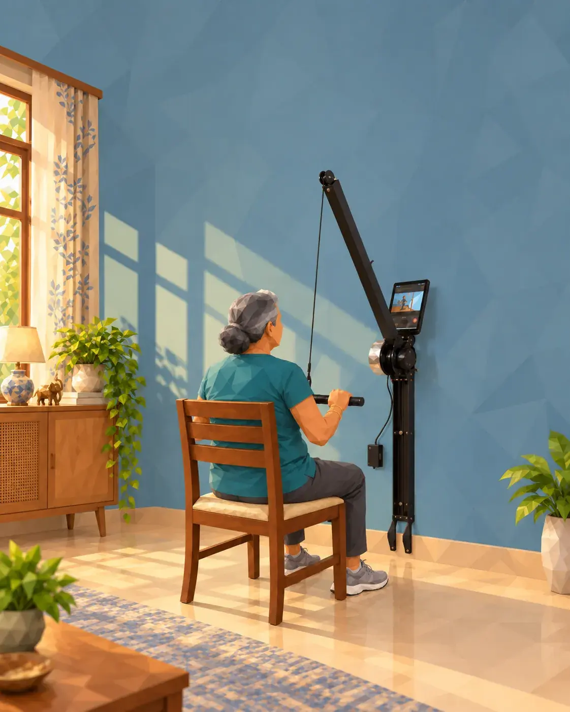 Older woman doing a seated row from a wooden chair, with the Ferra machine's arm swung up from the wall unit