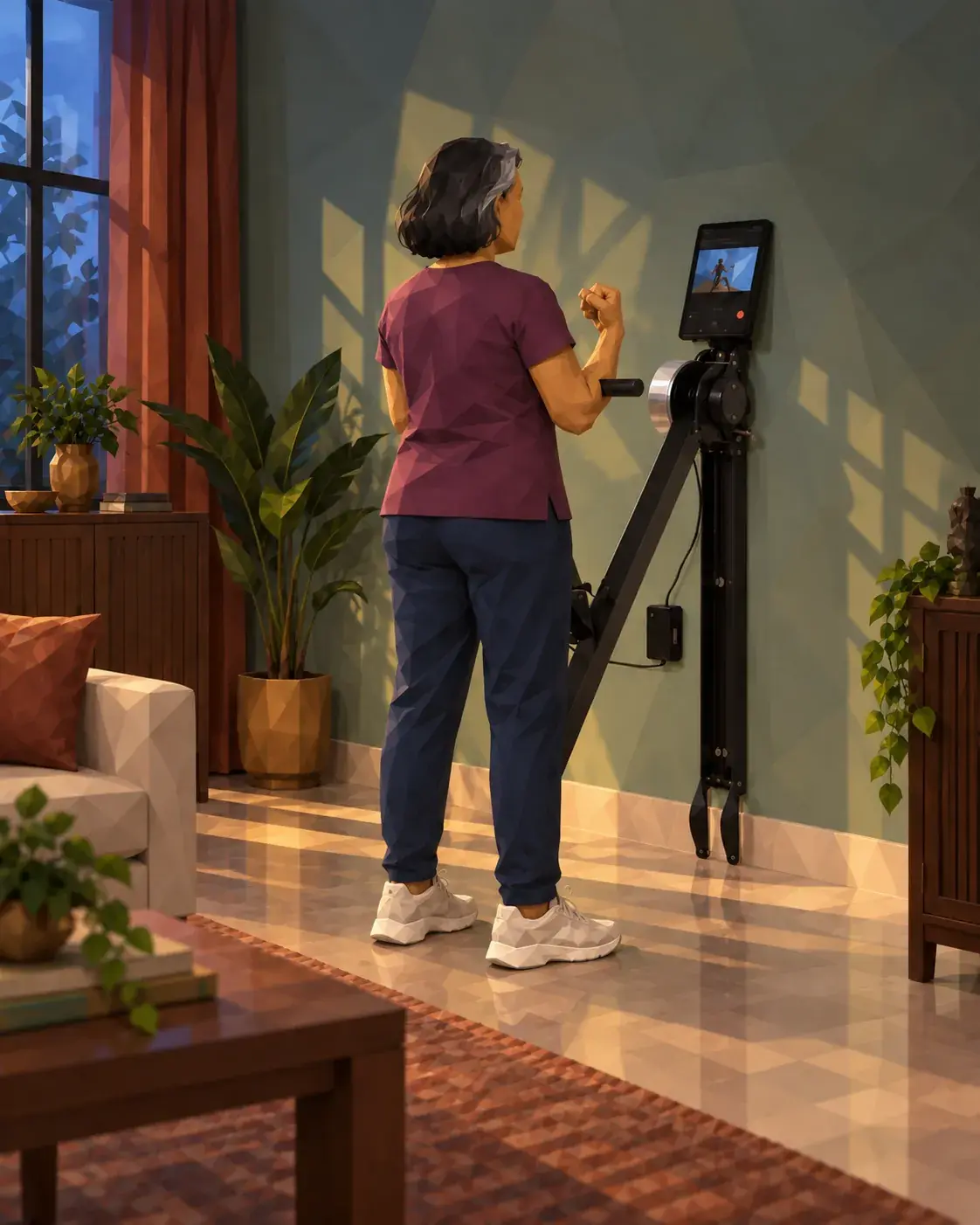 Older woman doing a standing bicep curl on a Ferra strength machine, its arm swung out from the wall, in warm evening light