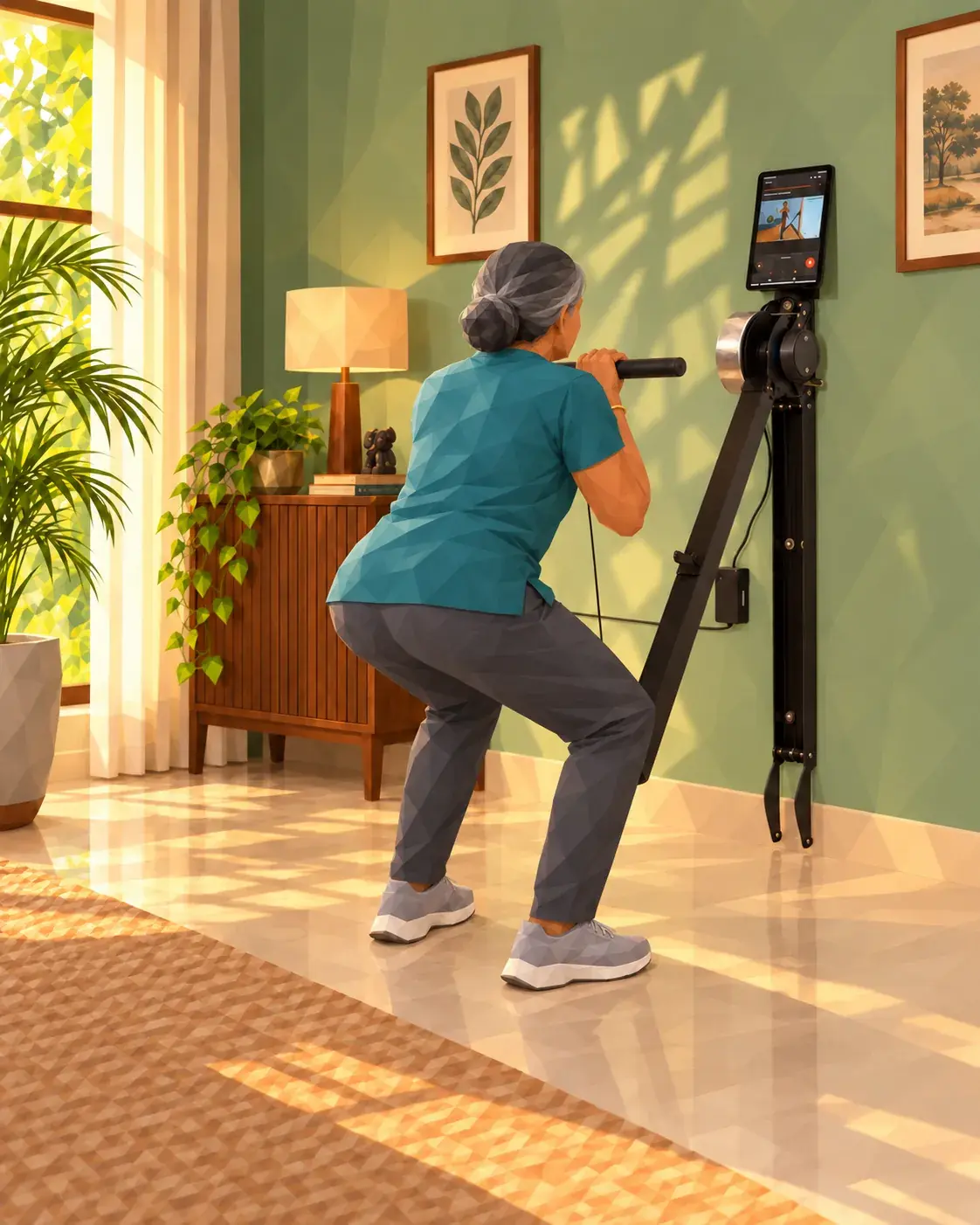 Older woman doing a supported squat, holding the handle of a Ferra strength machine with its arm swung out from the wall