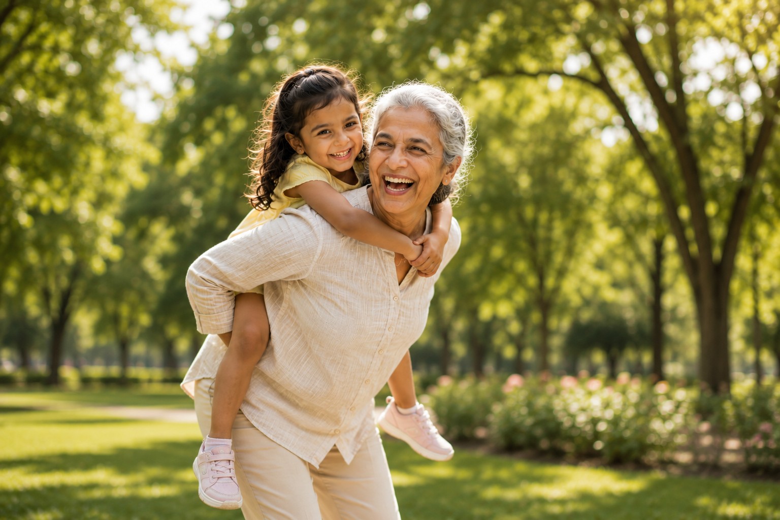 Grandmother giving her granddaughter a piggyback ride in the park